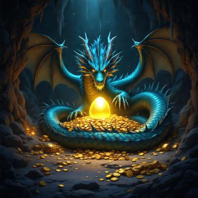 Primary subject: A dragon holding a golden egg.

Setting/background: A dark cave with a blue dragon.

Visual style: Digital art.

Colors and mood: The dragon is blue, and the golden egg is yellow. The overall atmosphere is mysterious and fantastical.